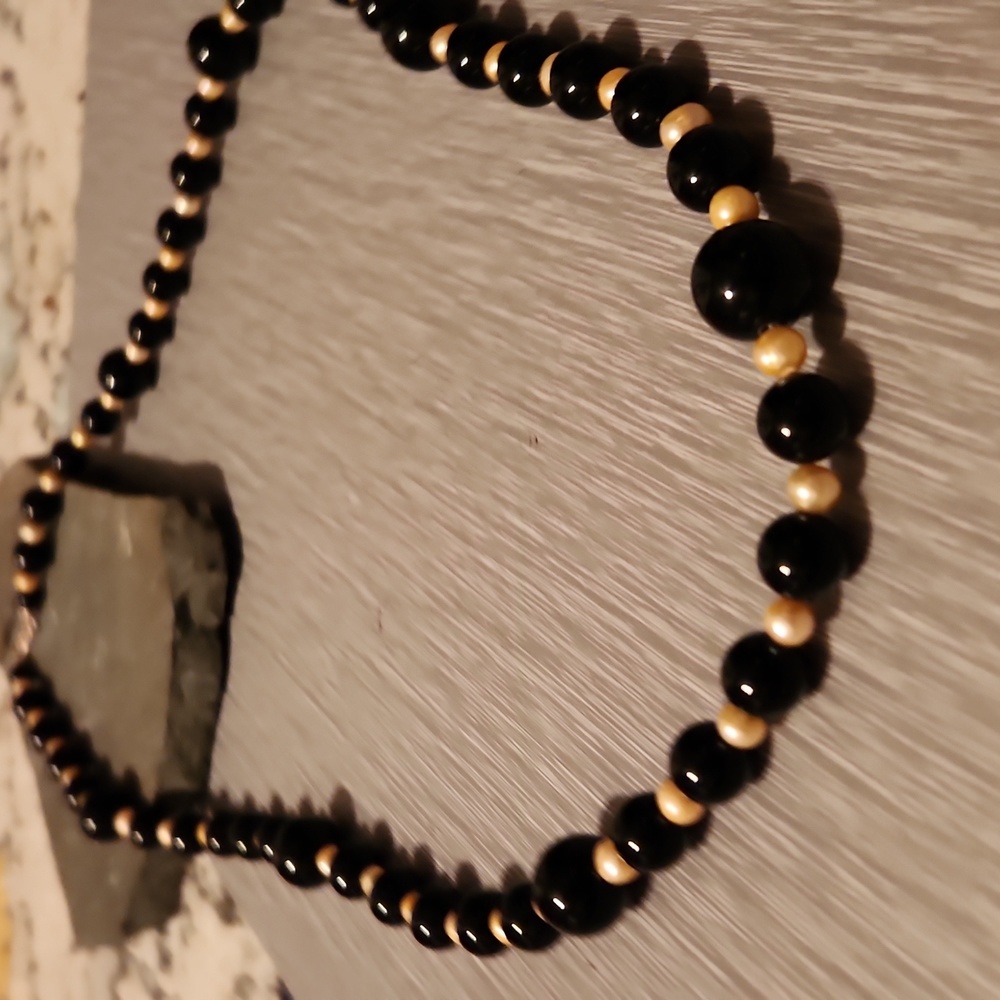 Geniune Onyx, Pearl, Sterling Silver Necklace! 36 Inches NWOT